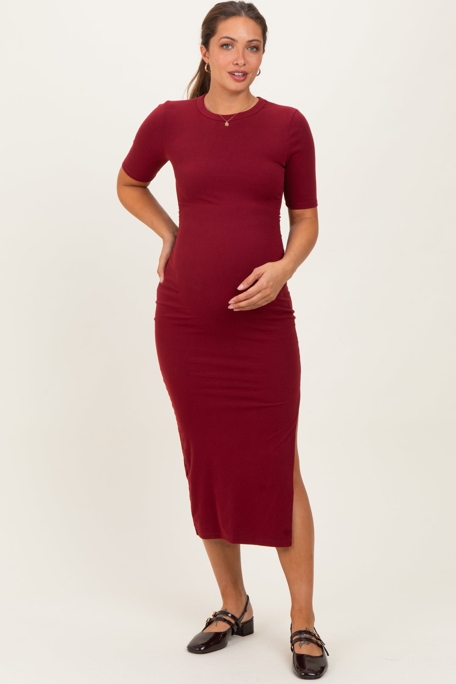 Burgundy Ruched Side Slit Maternity Midi Dress