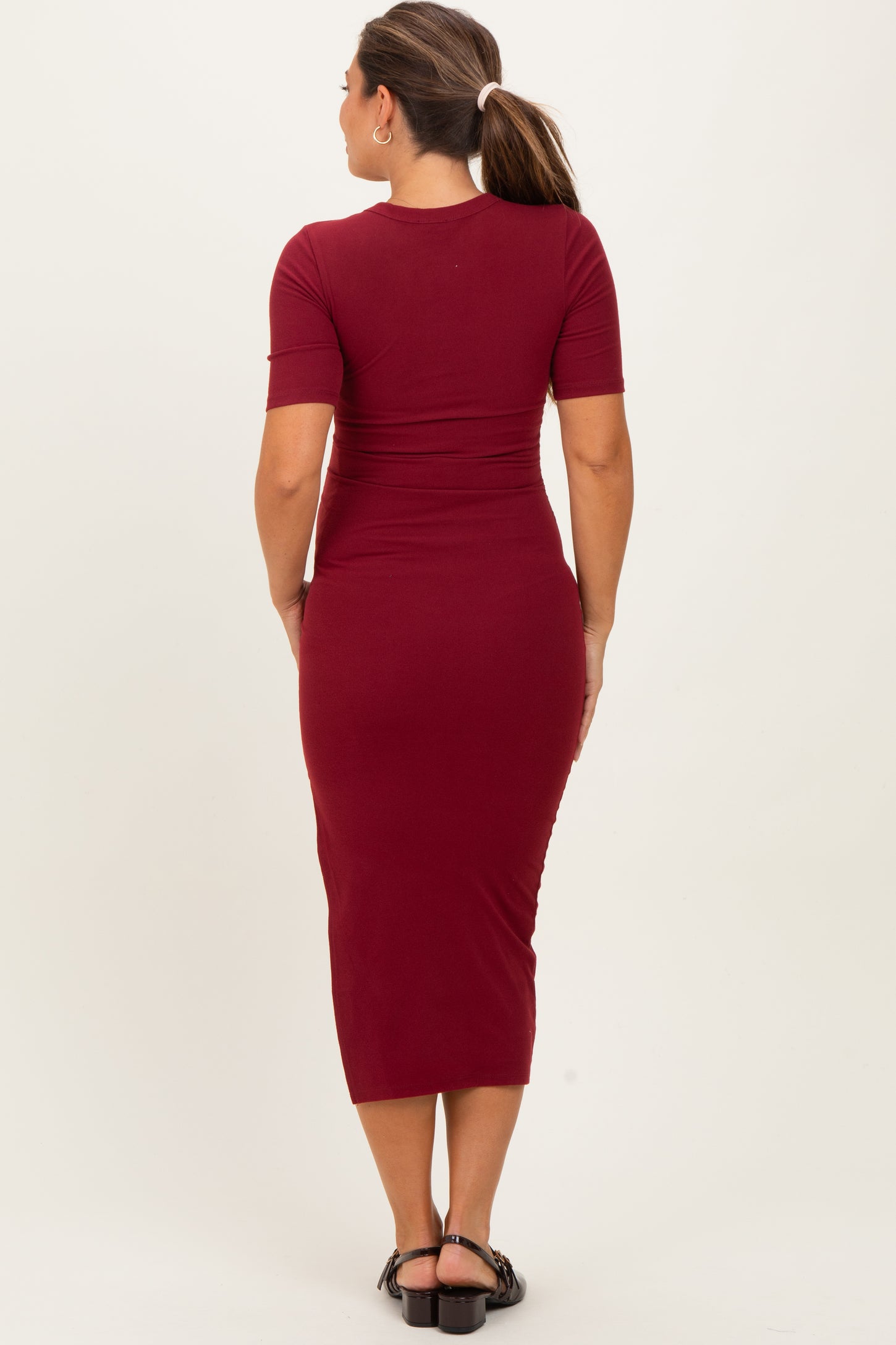 Burgundy Ruched Side Slit Maternity Midi Dress