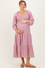 Dusty Rose Smocked Long Sleeve Maternity Midi Dress