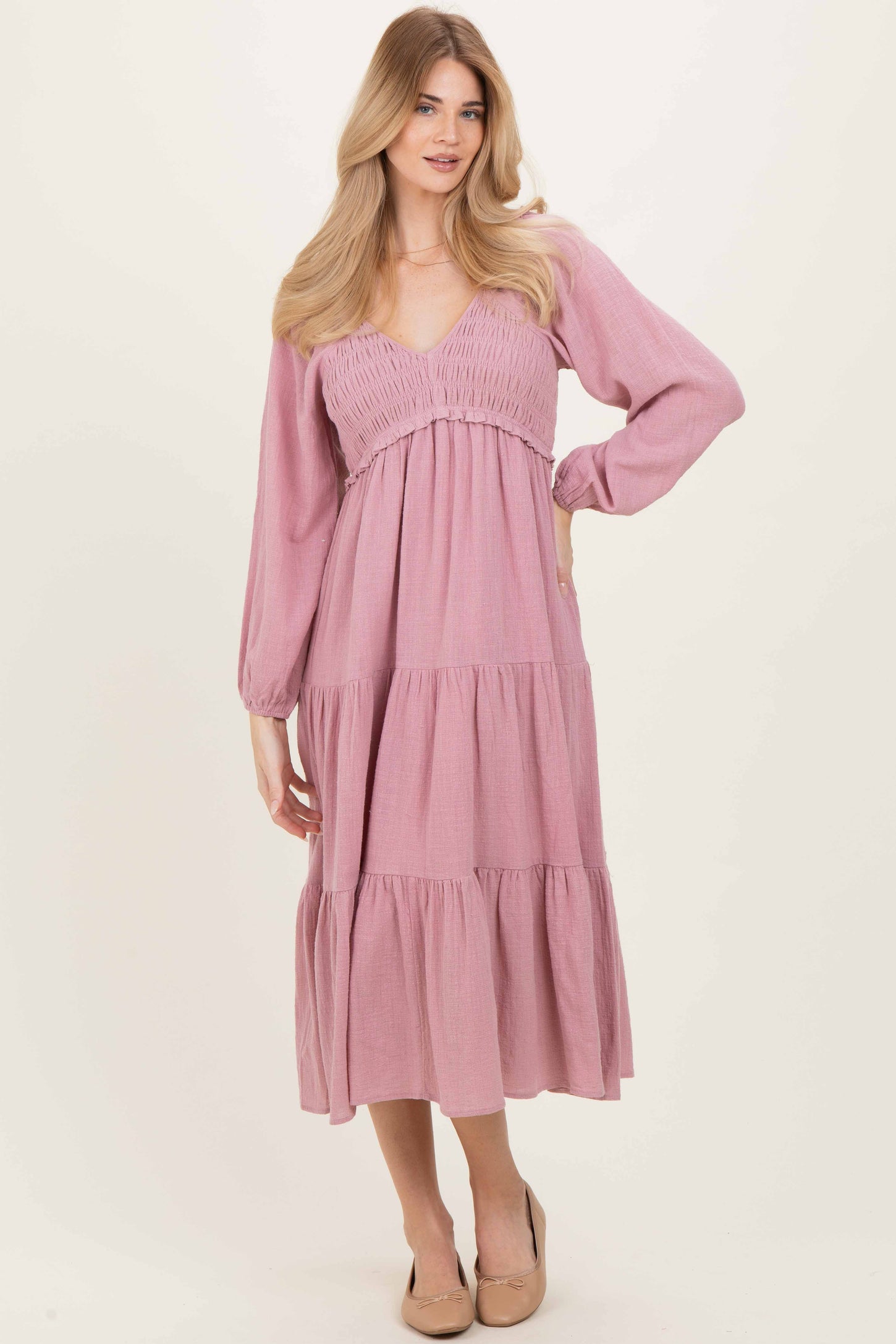 dusty rose midi dress with sleeves BABARONI BABARONI Chiffon Dusk Bridesmaid Dresses Plunging V-Neck Floor-length Long Sleeve with Slit A-line, Dusk / US18