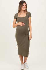Olive Square Neck Basic Maternity Midi Dress