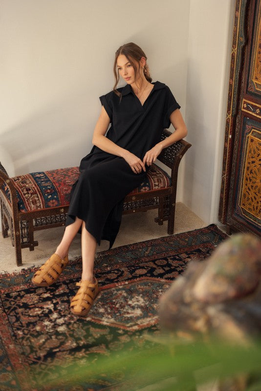 Black Collared Oversized Midi Dress