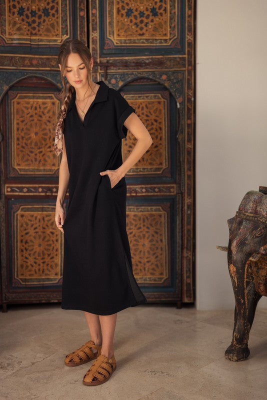 Black Collared Oversized Midi Dress