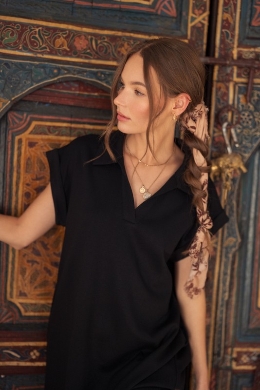 Black Collared Oversized Midi Dress