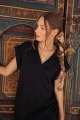 Black Collared Oversized Midi Dress