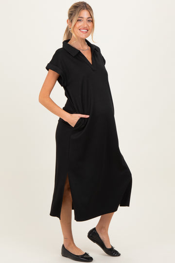 Black Collared Oversized Maternity Midi Dress