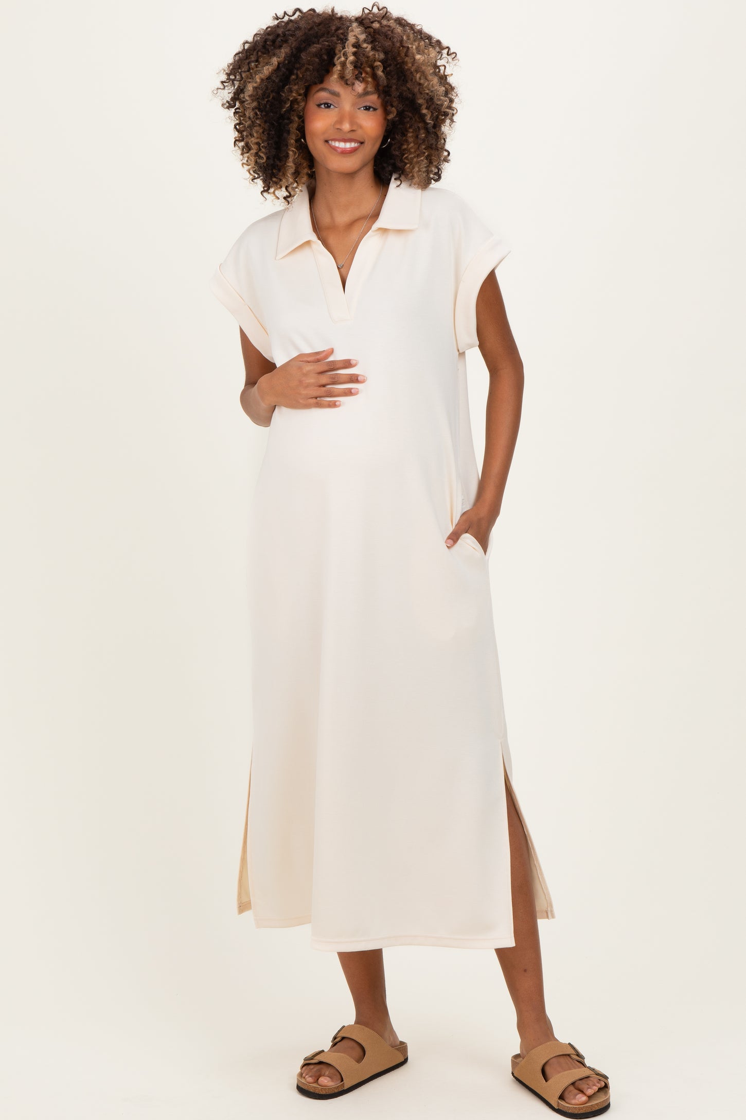 Oatmeal Collared Oversized Maternity Midi Dress