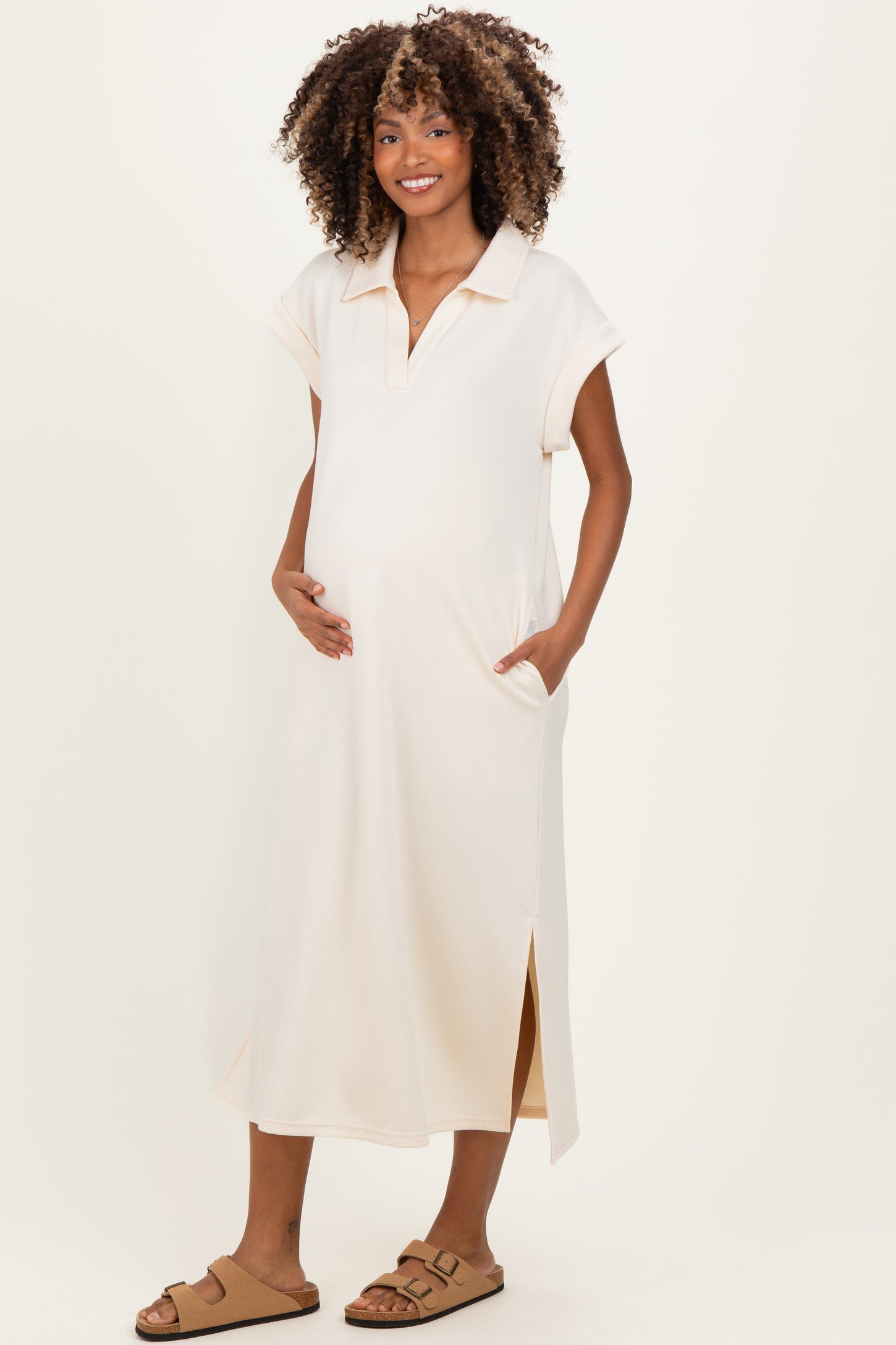 Oatmeal Collared Oversized Maternity Midi Dress