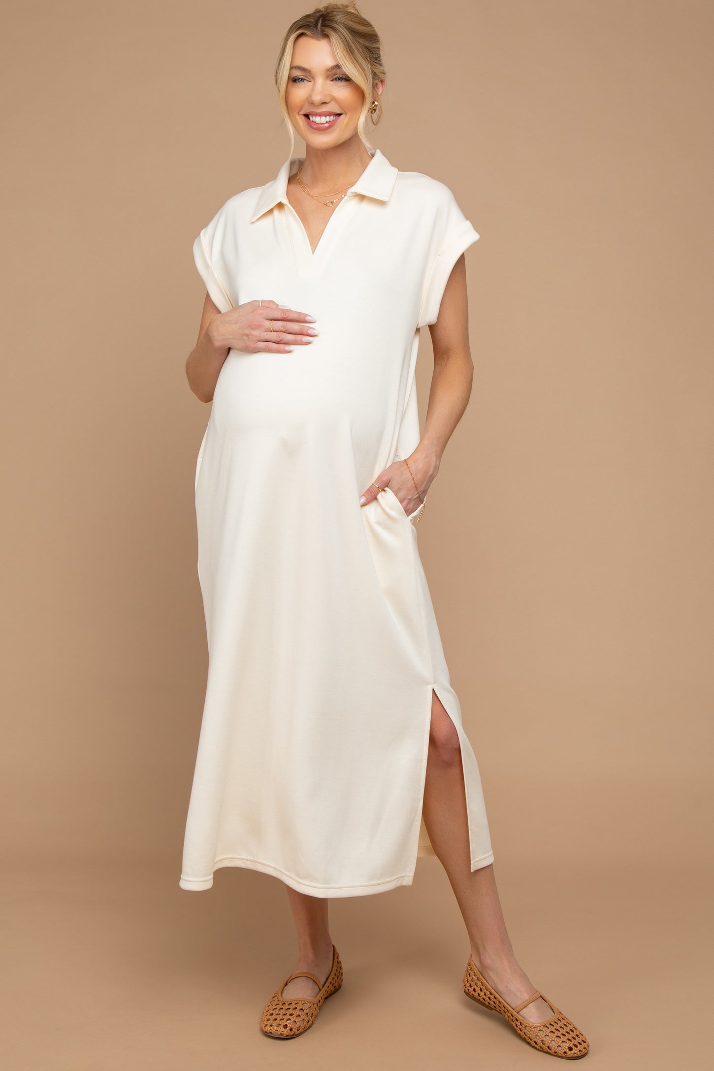 Oatmeal Collared Oversized Maternity Midi Dress