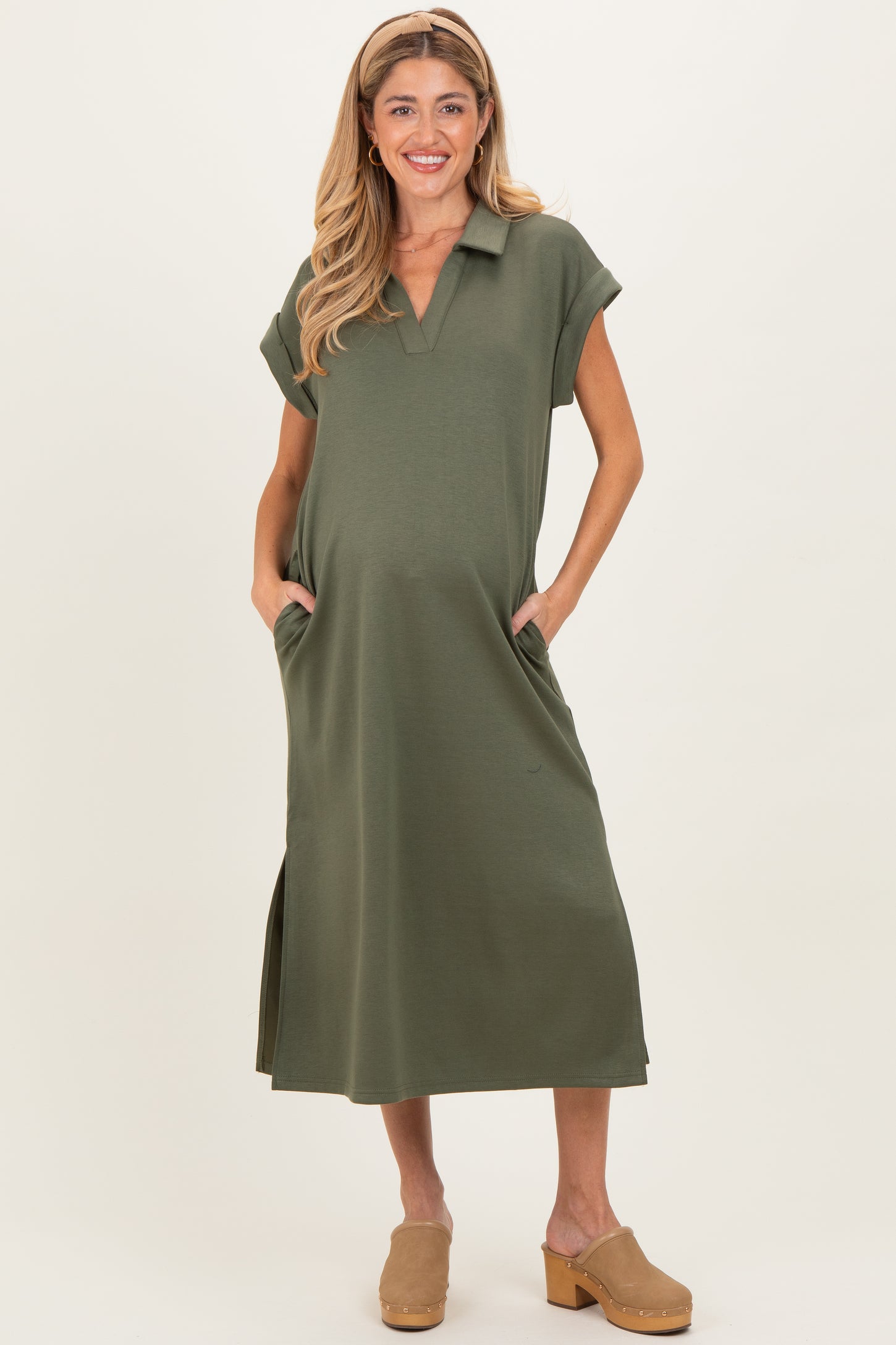 Olive Collared Oversized Maternity Midi Dress