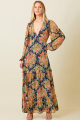 Navy Floral Deep V-Neck Tiered Maxi Dress