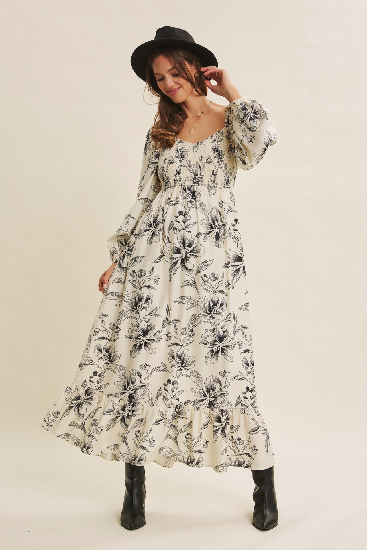 Cream Floral Smocked Long Sleeve Maxi Dress