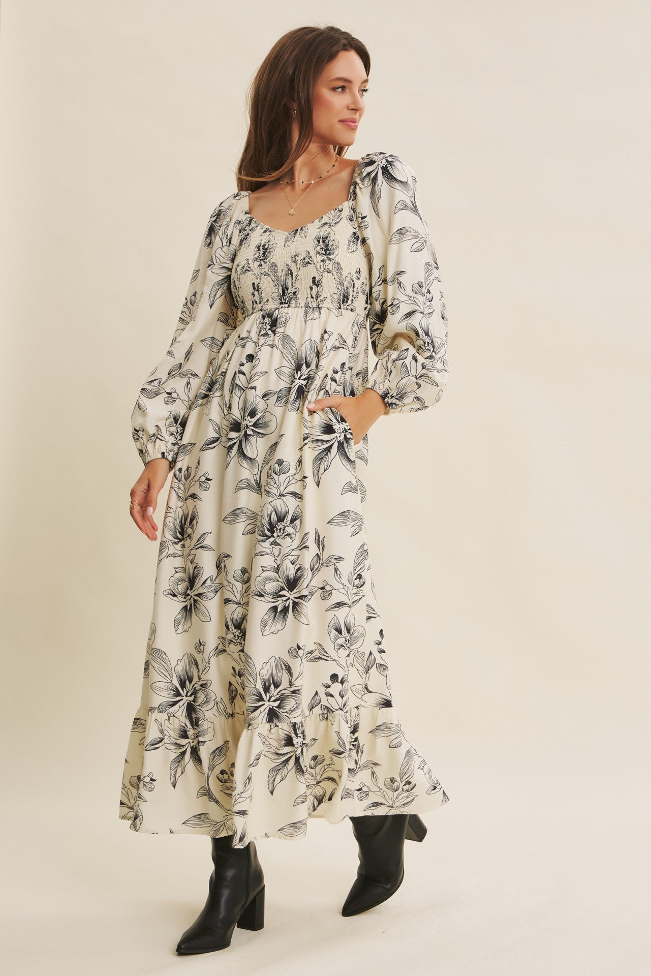 Cream Floral Smocked Long Sleeve Maxi Dress