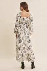 Cream Floral Smocked Long Sleeve Maxi Dress
