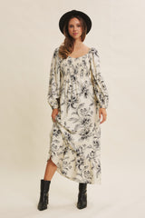 Cream Floral Smocked Long Sleeve Maxi Dress