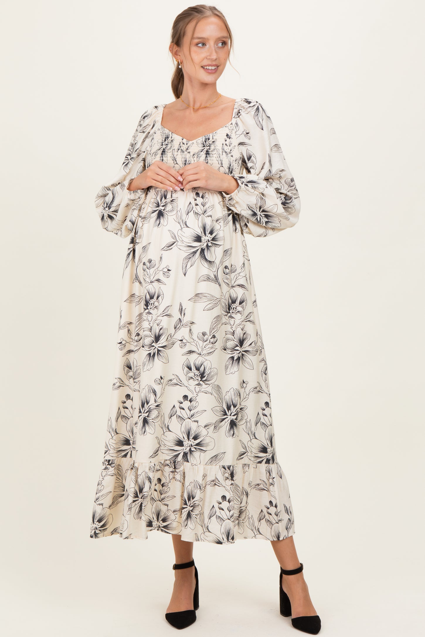 Cream Floral Smocked Long Sleeve Maternity Maxi Dress