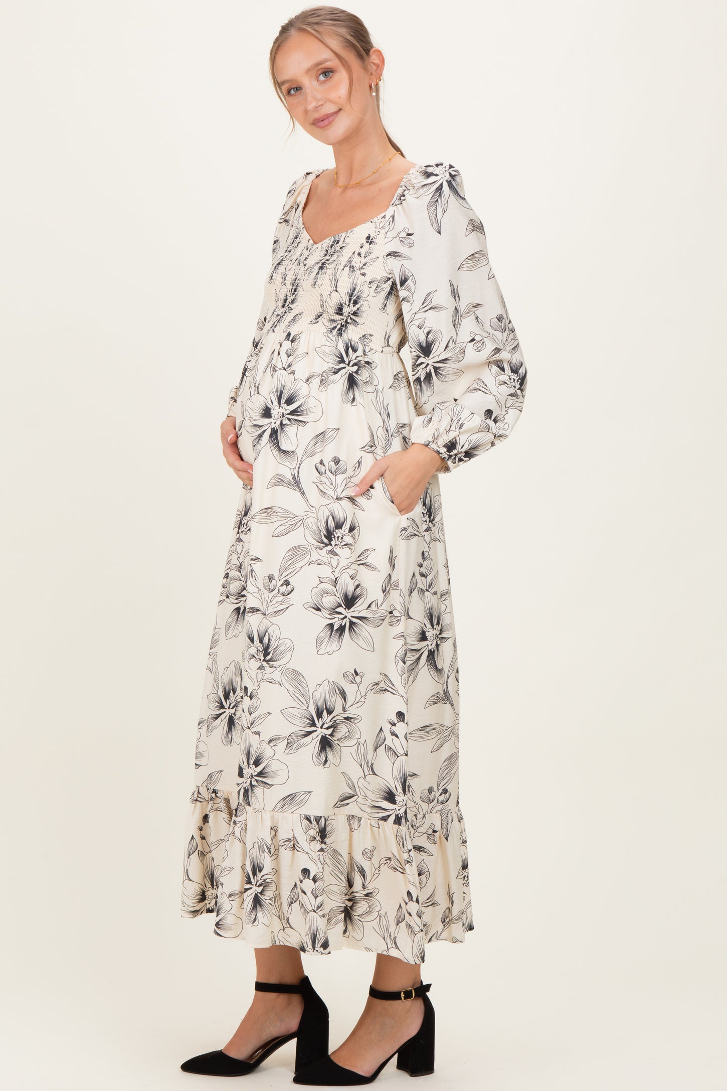 Cream Floral Smocked Long Sleeve Maternity Maxi Dress