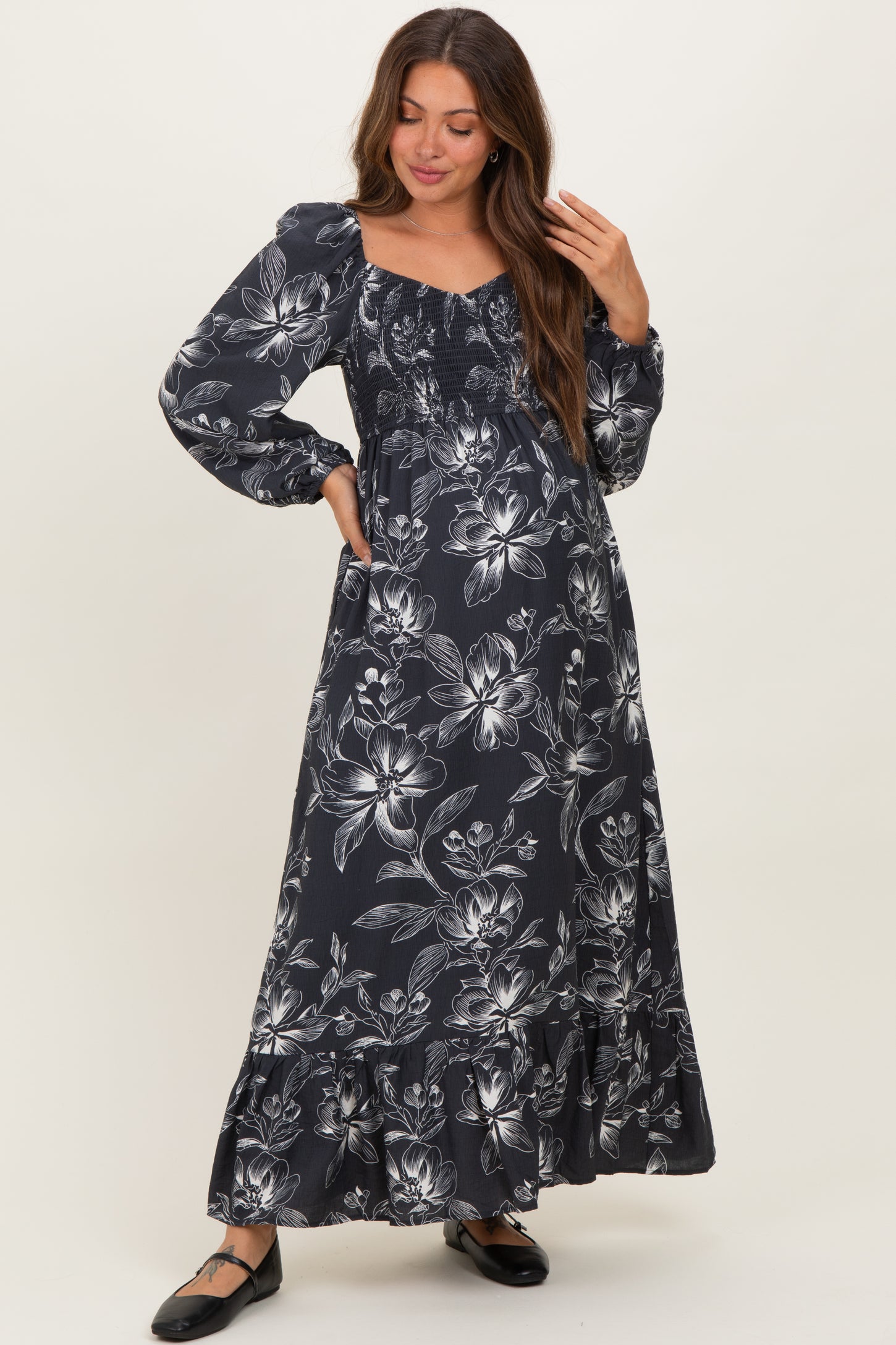 Charcoal Floral Smocked Long Sleeve Maternity Maxi Dress Charcoal Floral Smocked Long Sleeve Maternity Maxi Dress