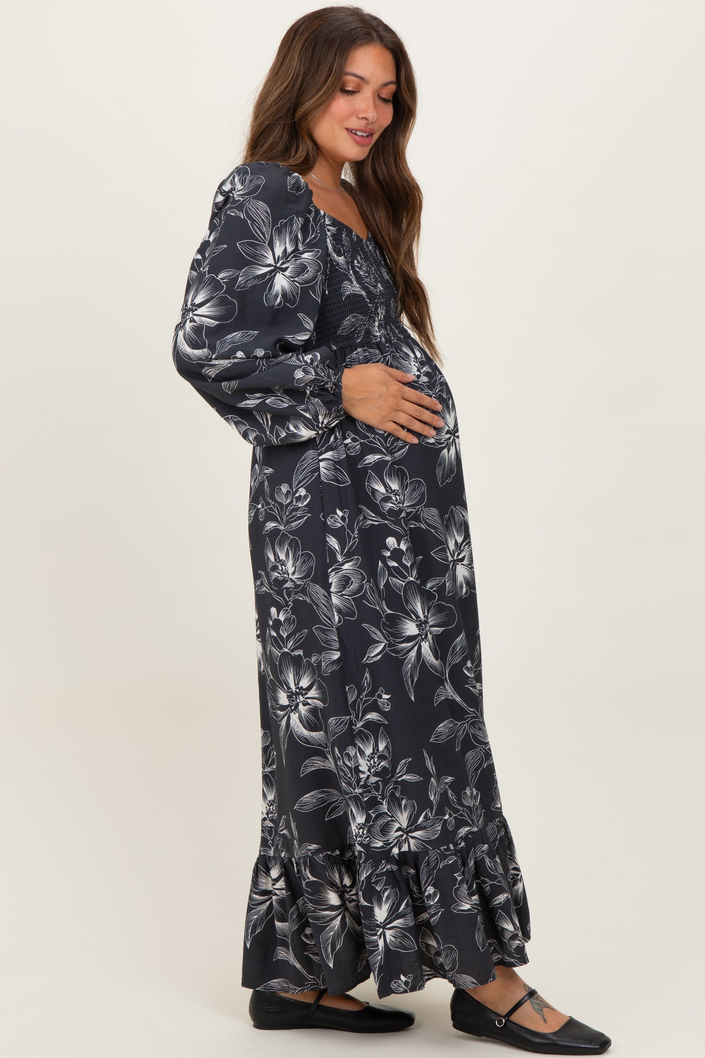 Charcoal Floral Smocked Long Sleeve Maternity Maxi Dress Charcoal Floral Smocked Long Sleeve Maternity Maxi Dress