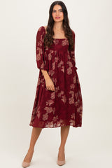 Burgundy Floral Textured Midi Dress