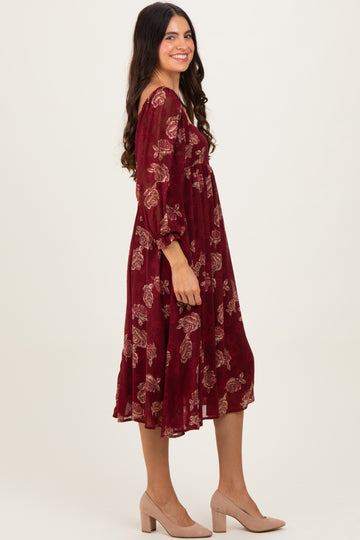 Burgundy Floral Textured Midi Dress