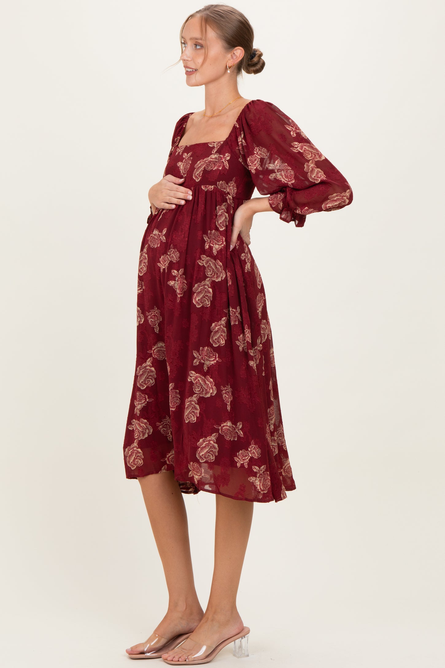 Burgundy Floral Textured Maternity Midi Dress