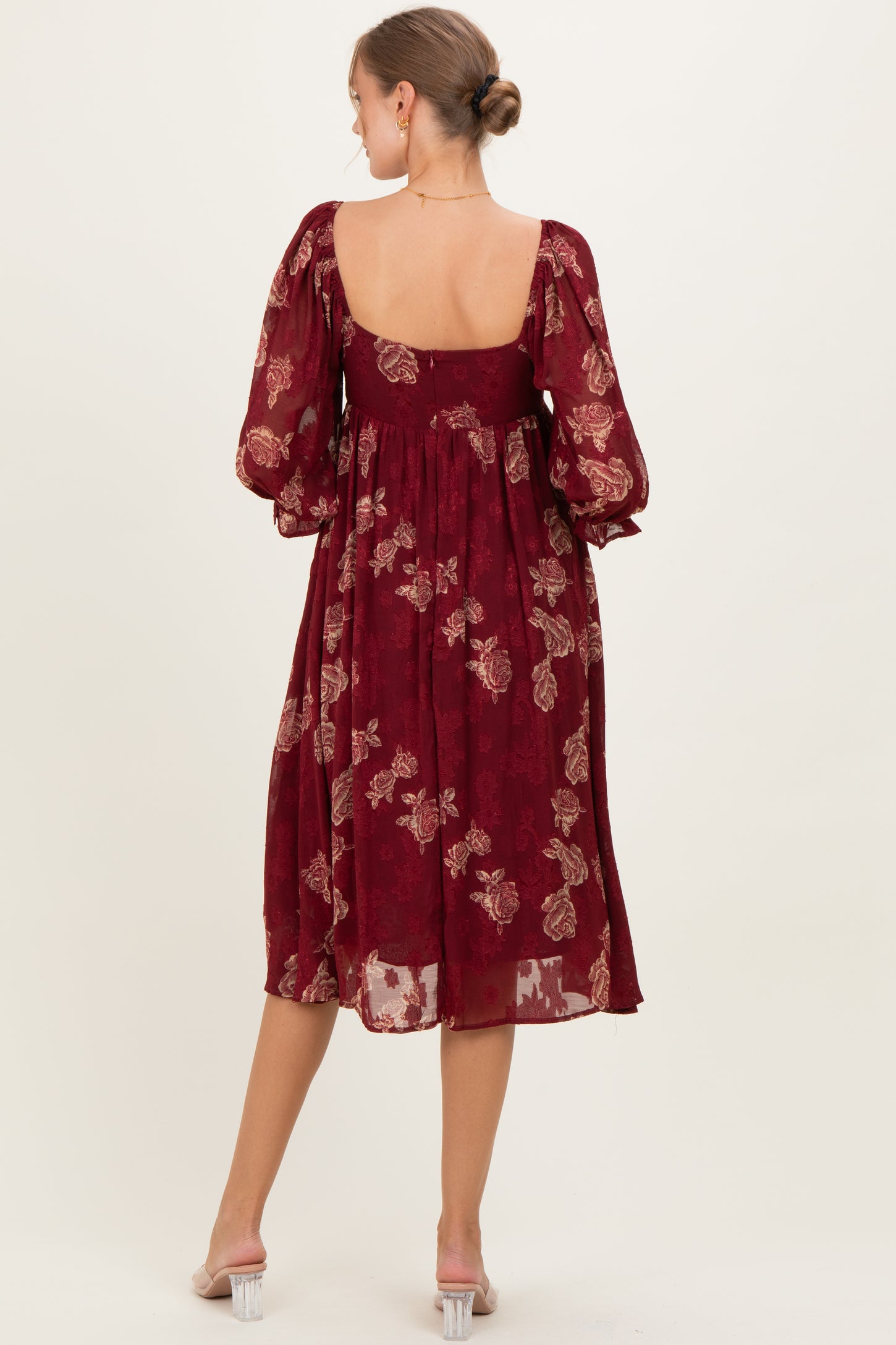 Burgundy Floral Textured Maternity Midi Dress