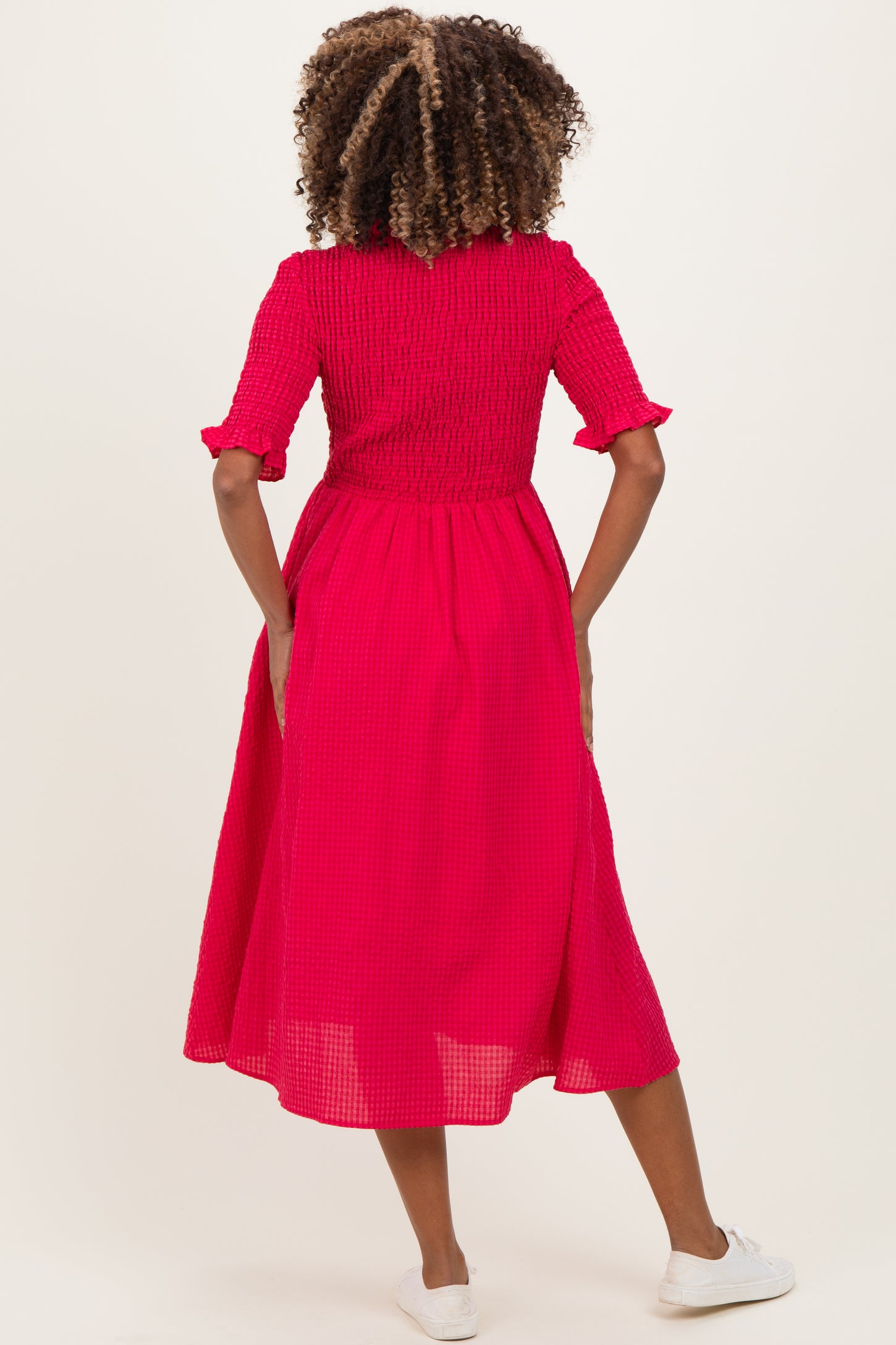 Red Gingham Smocked Button Down Maternity Midi Dress