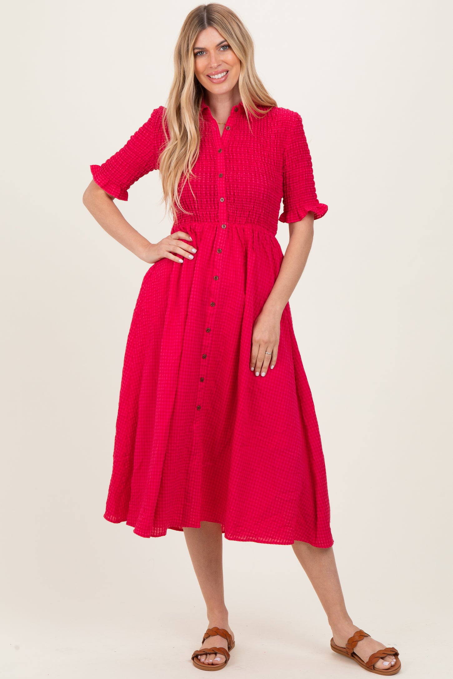 Red Gingham Smocked Button Down Midi Dress