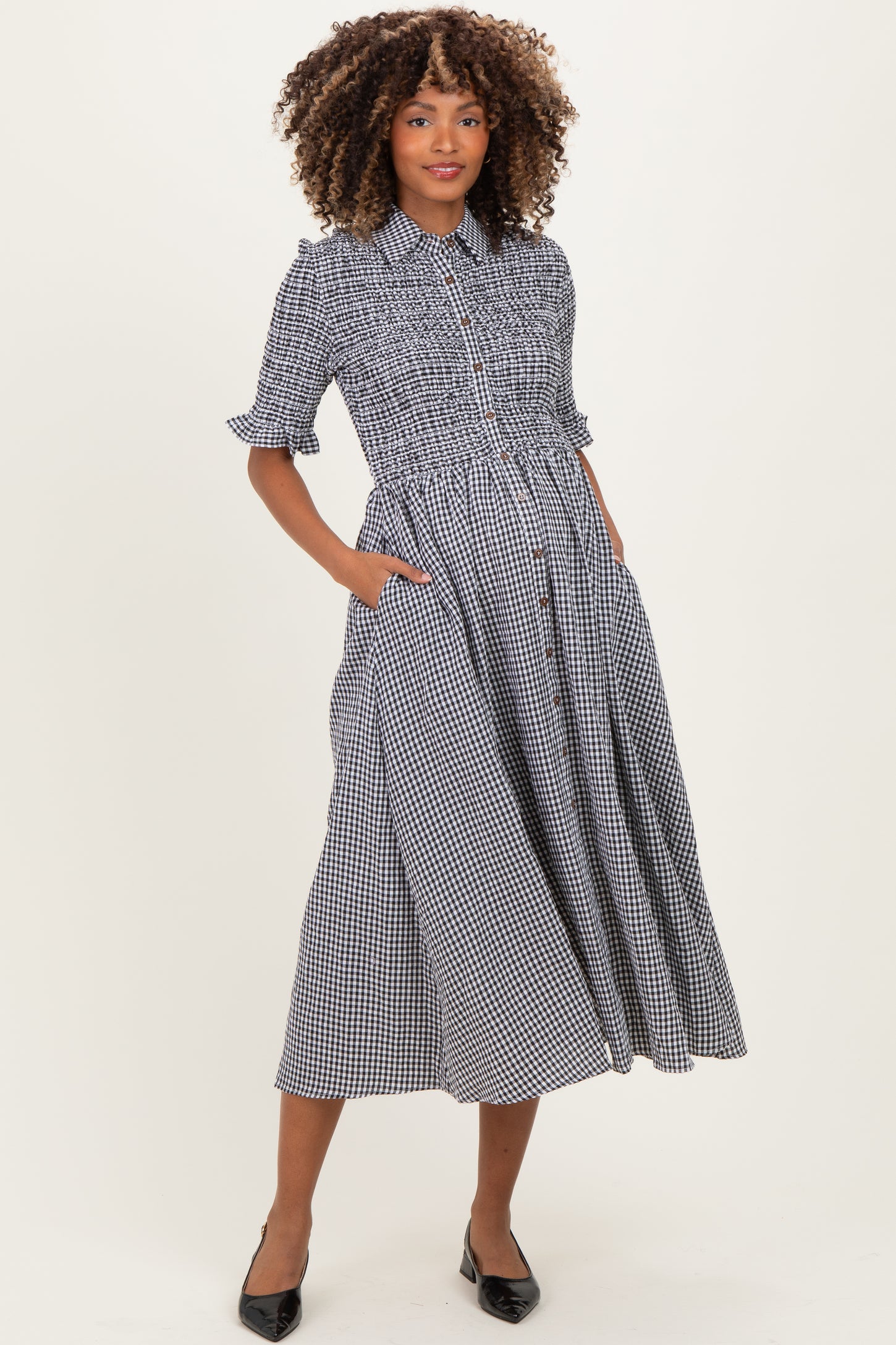 Black Gingham Smocked Button Down Maternity Midi Dress