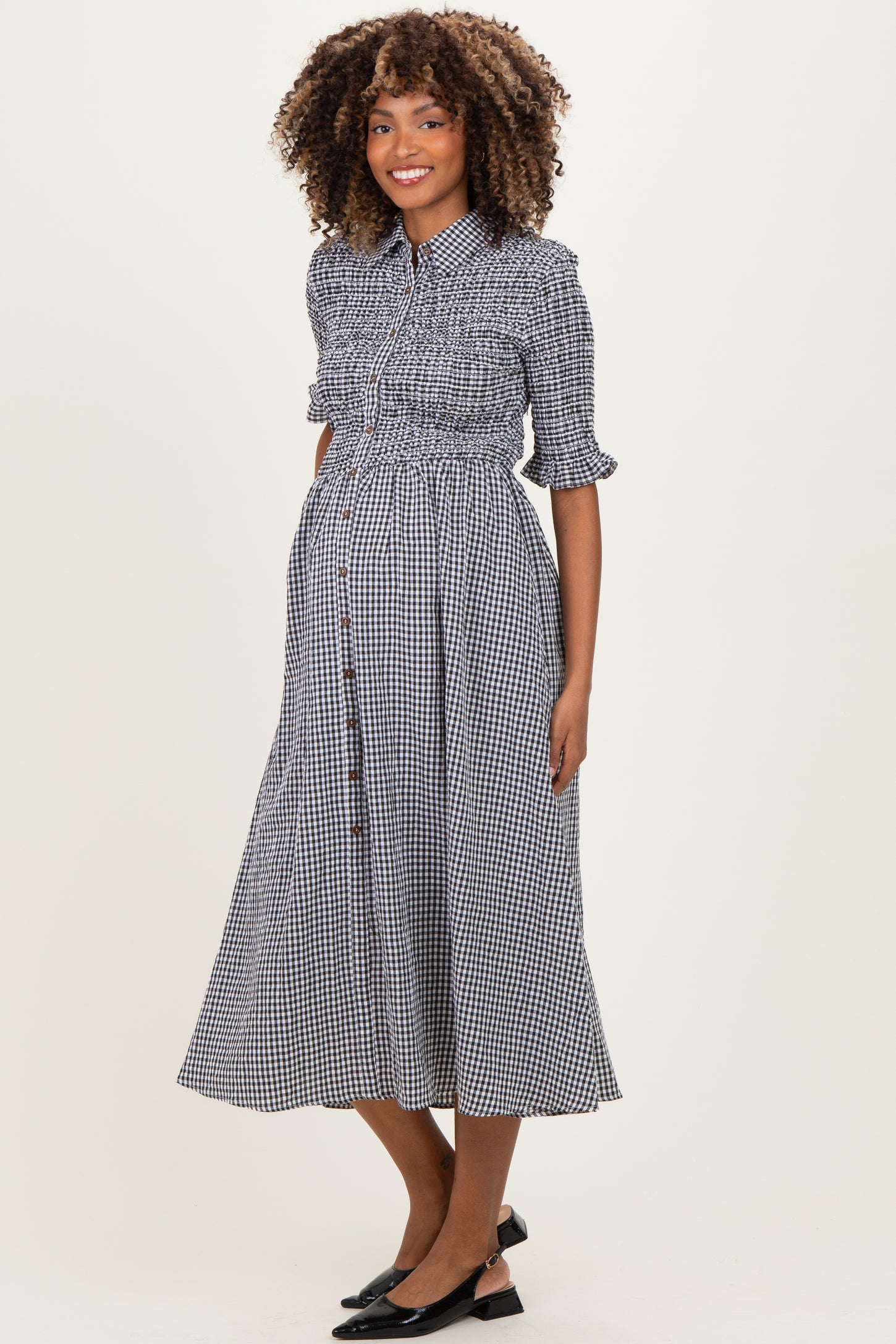 Black Gingham Smocked Button Down Maternity Midi Dress