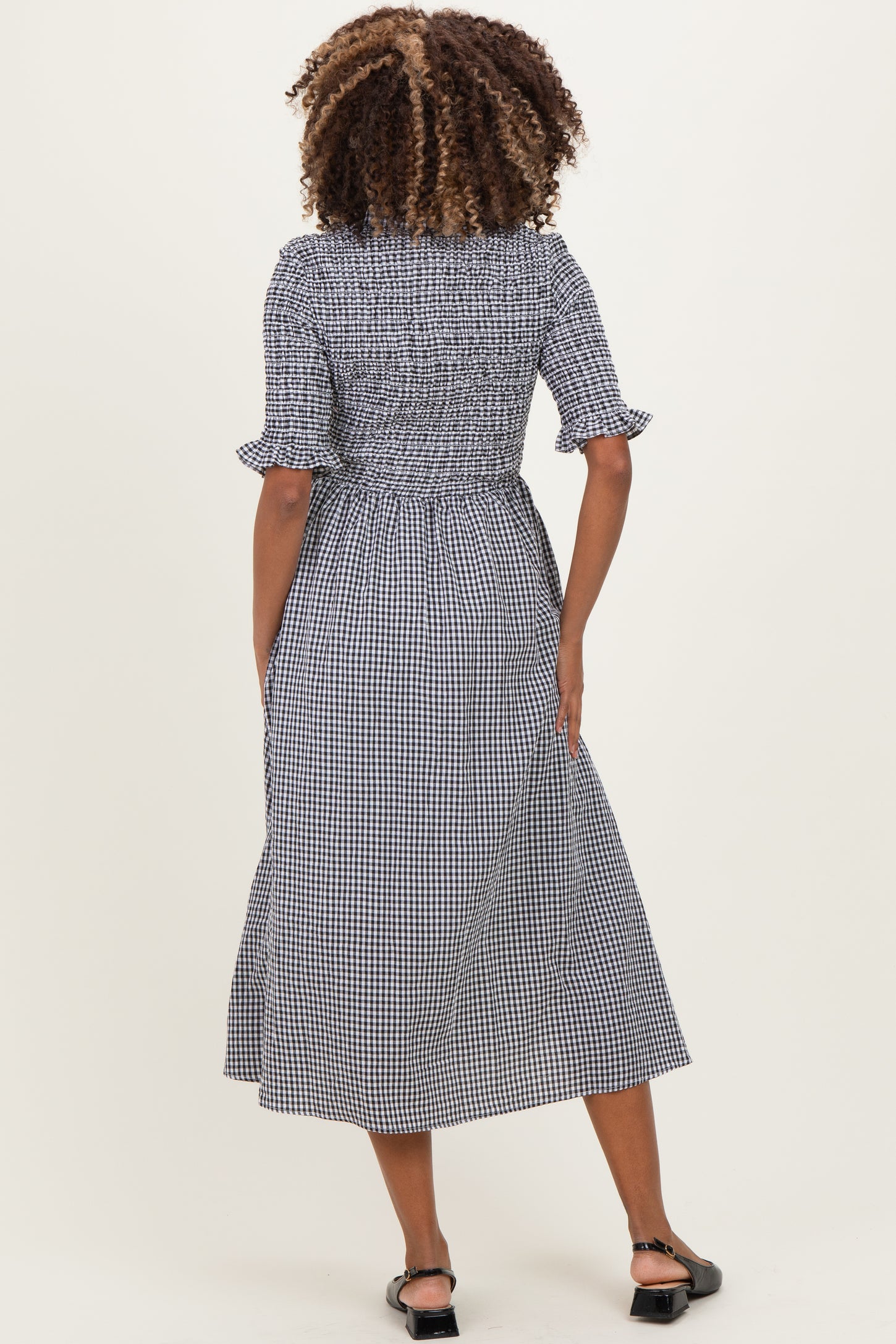 Black Gingham Smocked Button Down Maternity Midi Dress