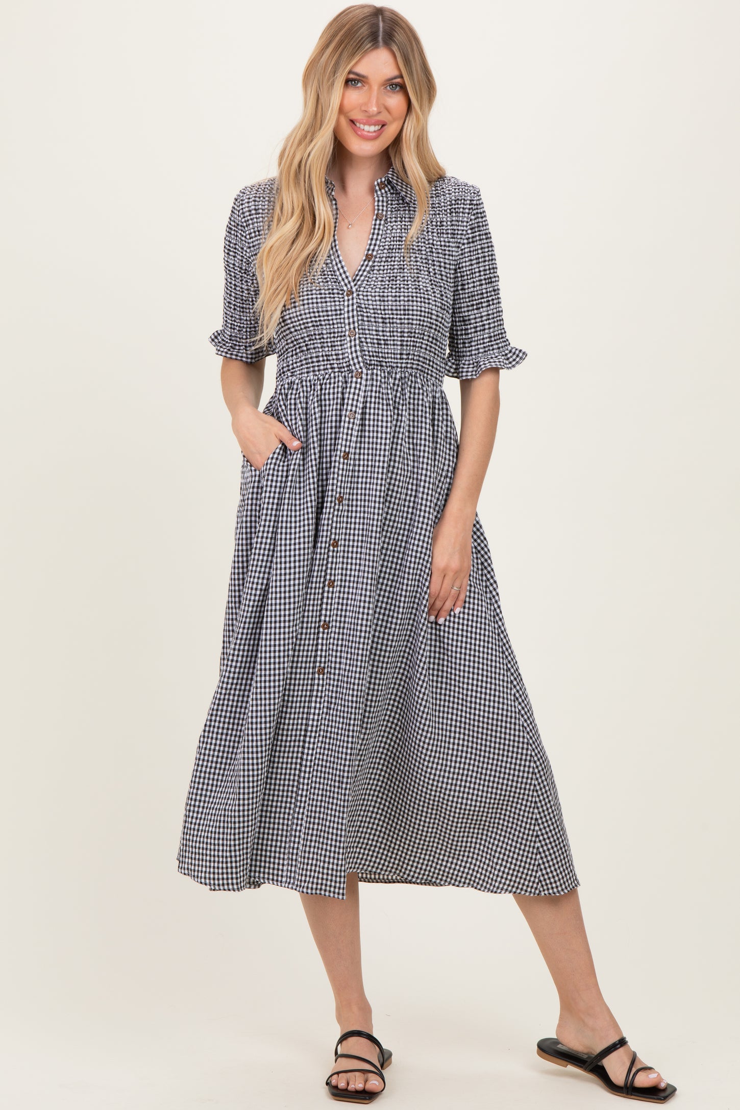 Black Gingham Smocked Button Down Midi Dress