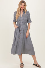 Black Gingham Smocked Button Down Midi Dress
