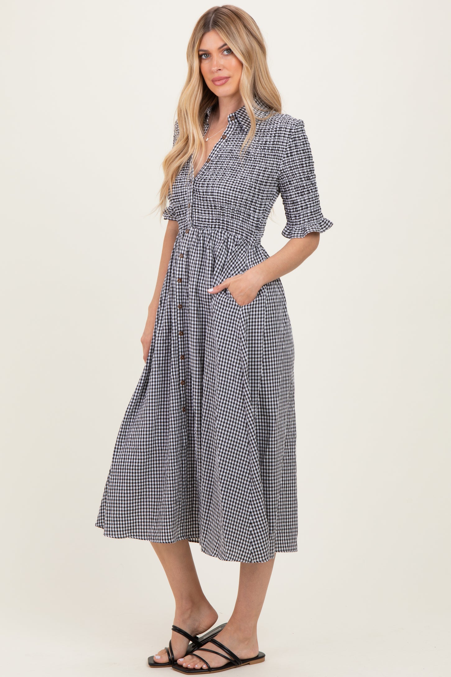 Black Gingham Smocked Button Down Midi Dress