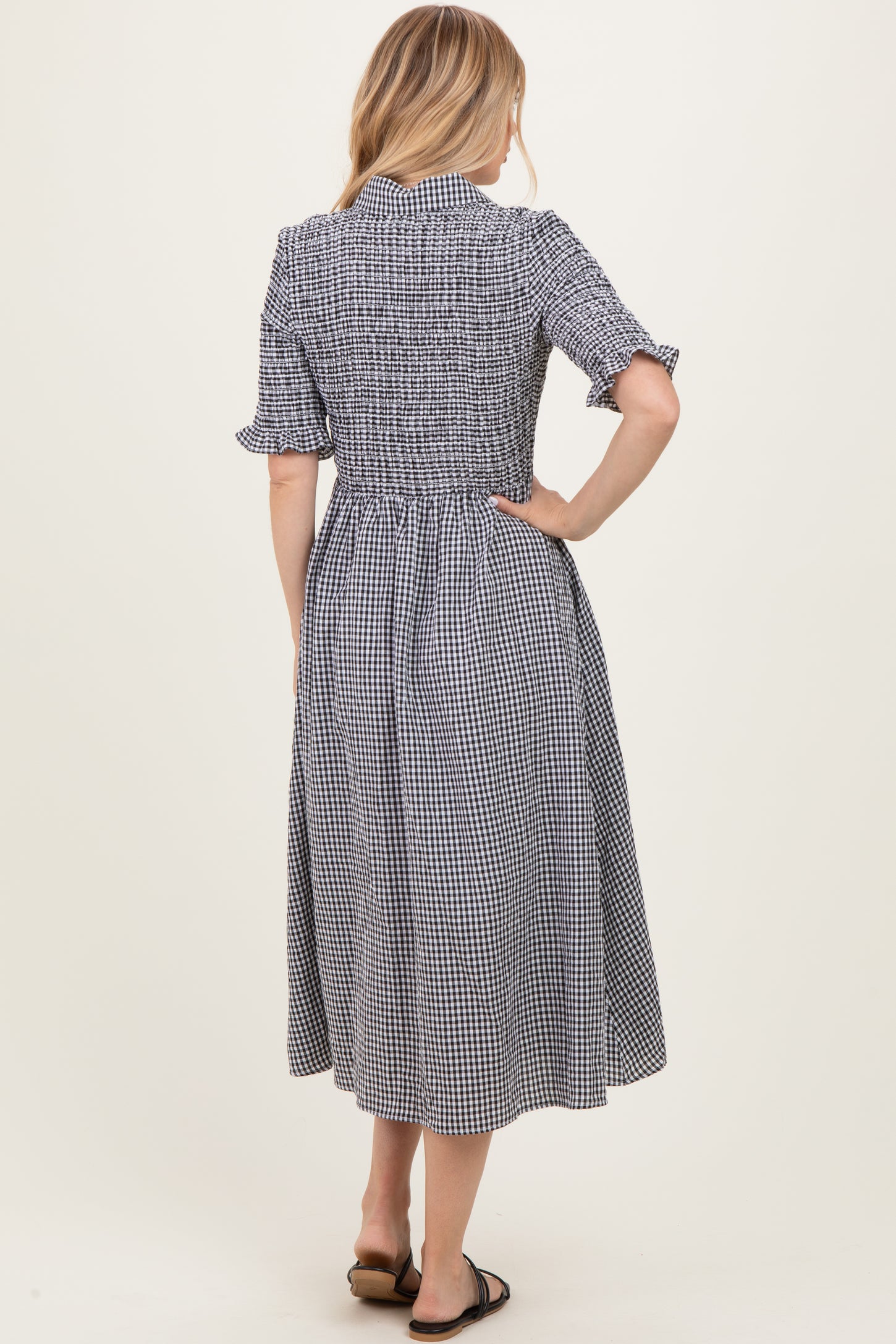 Black Gingham Smocked Button Down Midi Dress