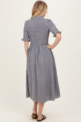 Black Gingham Smocked Button Down Midi Dress