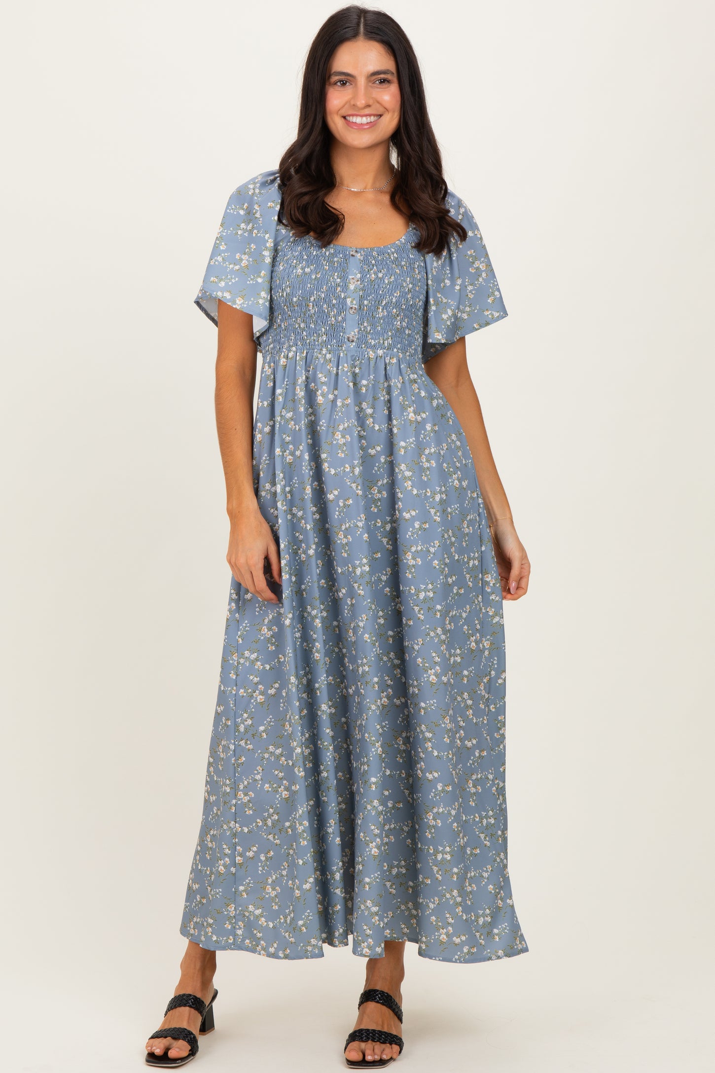 Grey Floral Smocked Flutter Sleeve Midi Dress Grey Floral Smocked Flutter Sleeve Midi Dress