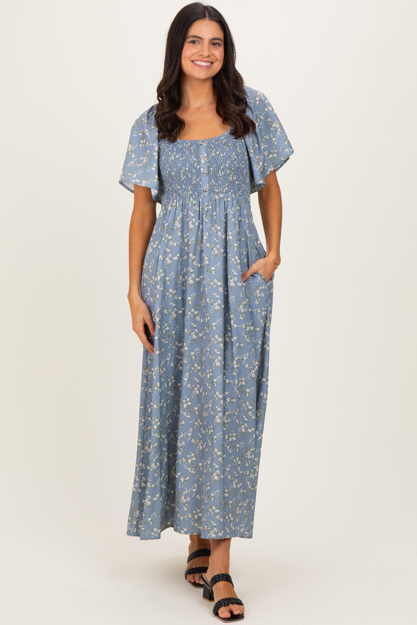 Grey Floral Smocked Flutter Sleeve Midi Dress Grey Floral Smocked Flutter Sleeve Midi Dress