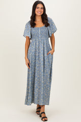 Grey Floral Smocked Flutter Sleeve Maternity Midi Dress