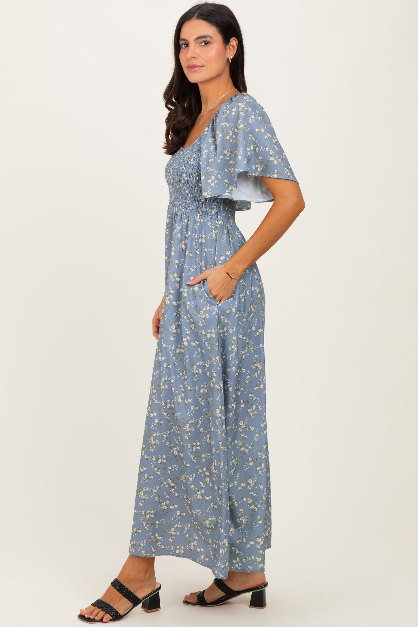Grey Floral Smocked Flutter Sleeve Midi Dress Grey Floral Smocked Flutter Sleeve Midi Dress
