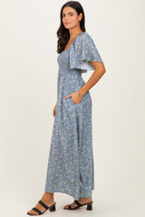 Grey Floral Smocked Flutter Sleeve Midi Dress