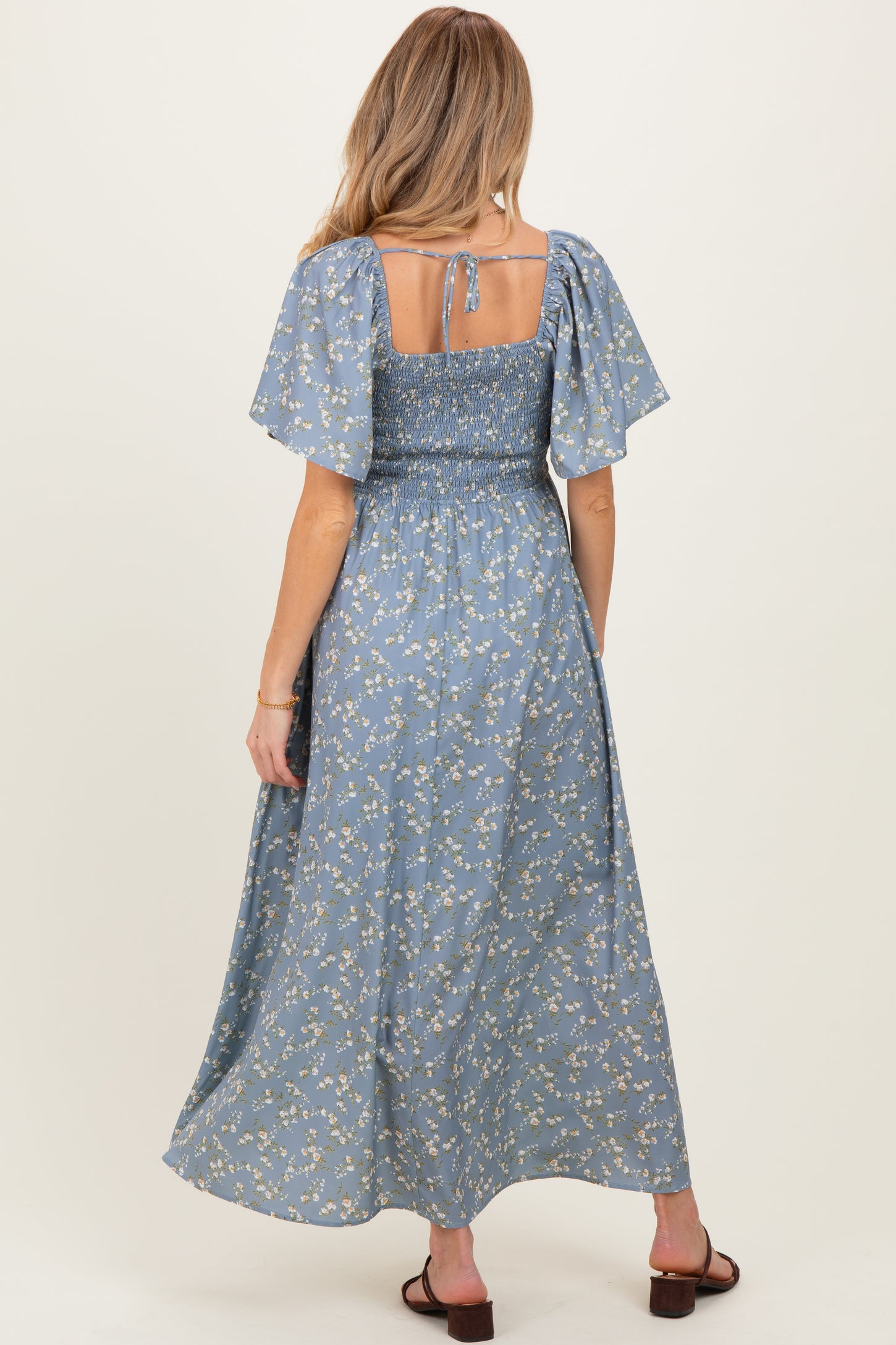Grey Floral Smocked Flutter Sleeve Maternity Midi Dress