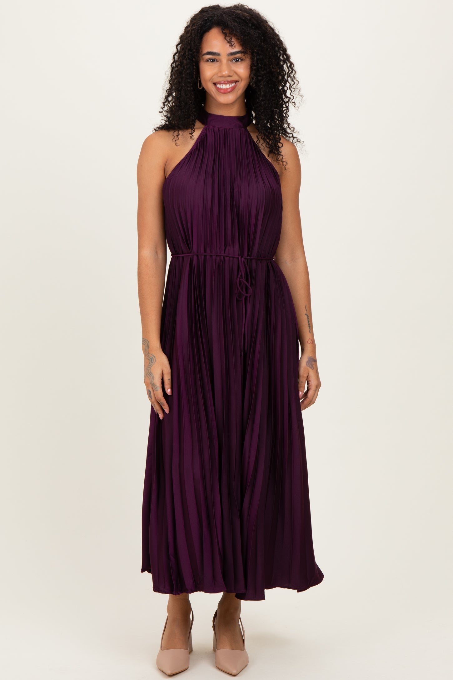 Purple Pleated Halter Dress
