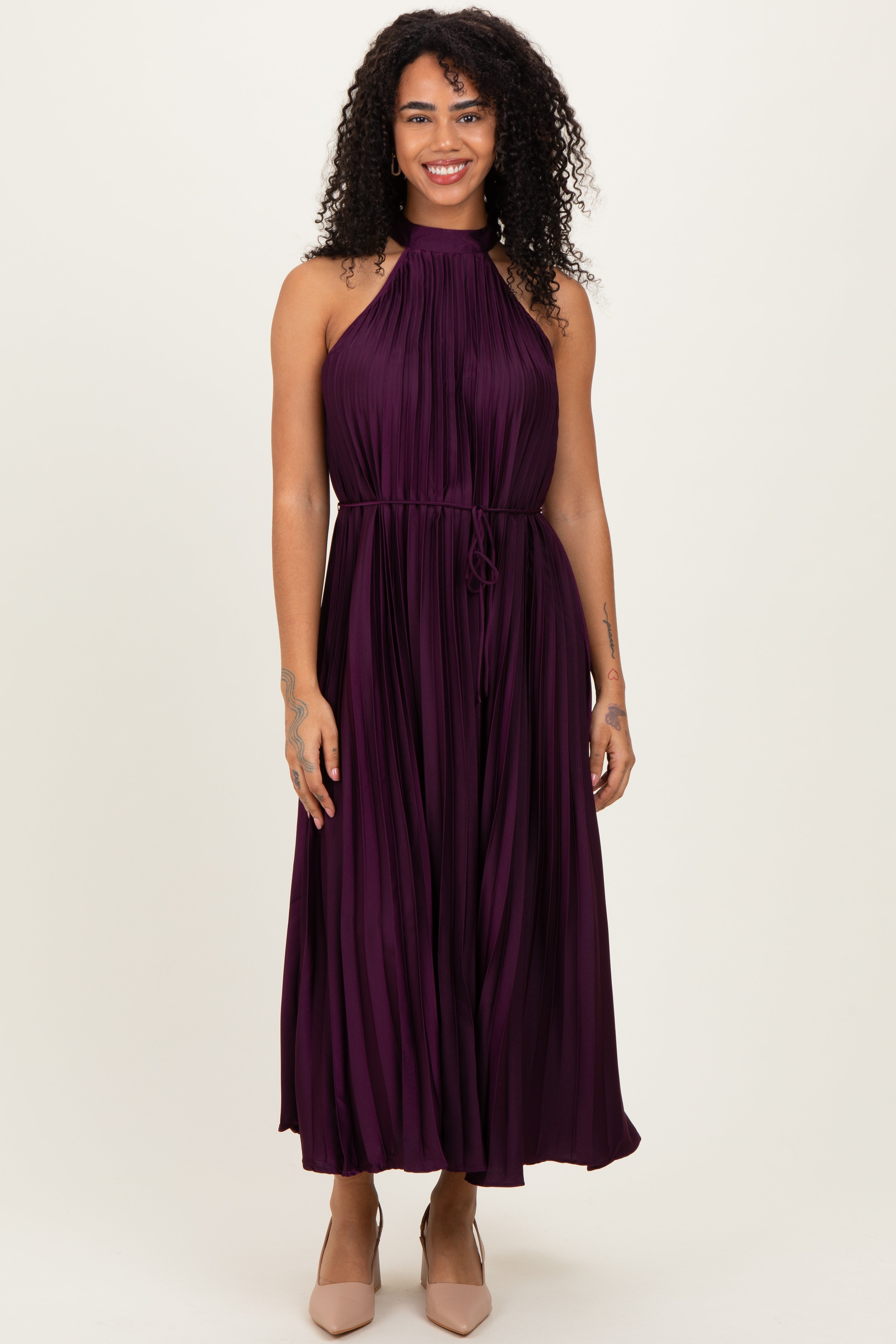 purple pleated dress Evening Gown with Spaghetti Straps 43920 tie affair Purple Pleated Halter Dress 