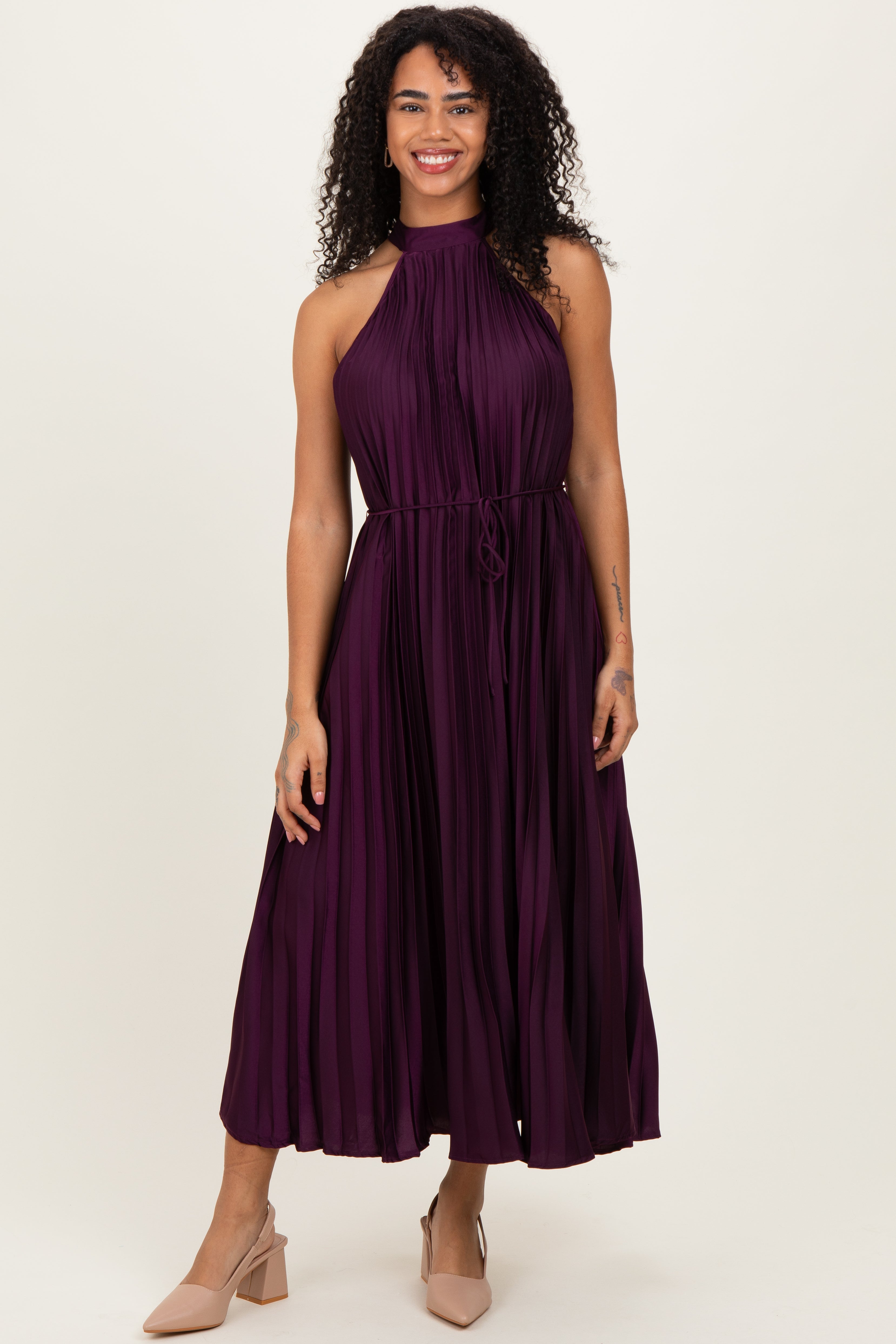 purple pleated dress Amarra 88323 Size 0 Bright Metallic A line Maxi Slit Prom off the Shoulder Formal Evening Gown meticulously crafted from luxurious satin Purple Pleated Plunge Neck Belted