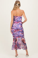 Purple Floral Ruched Fitted Maternity Midi Dress