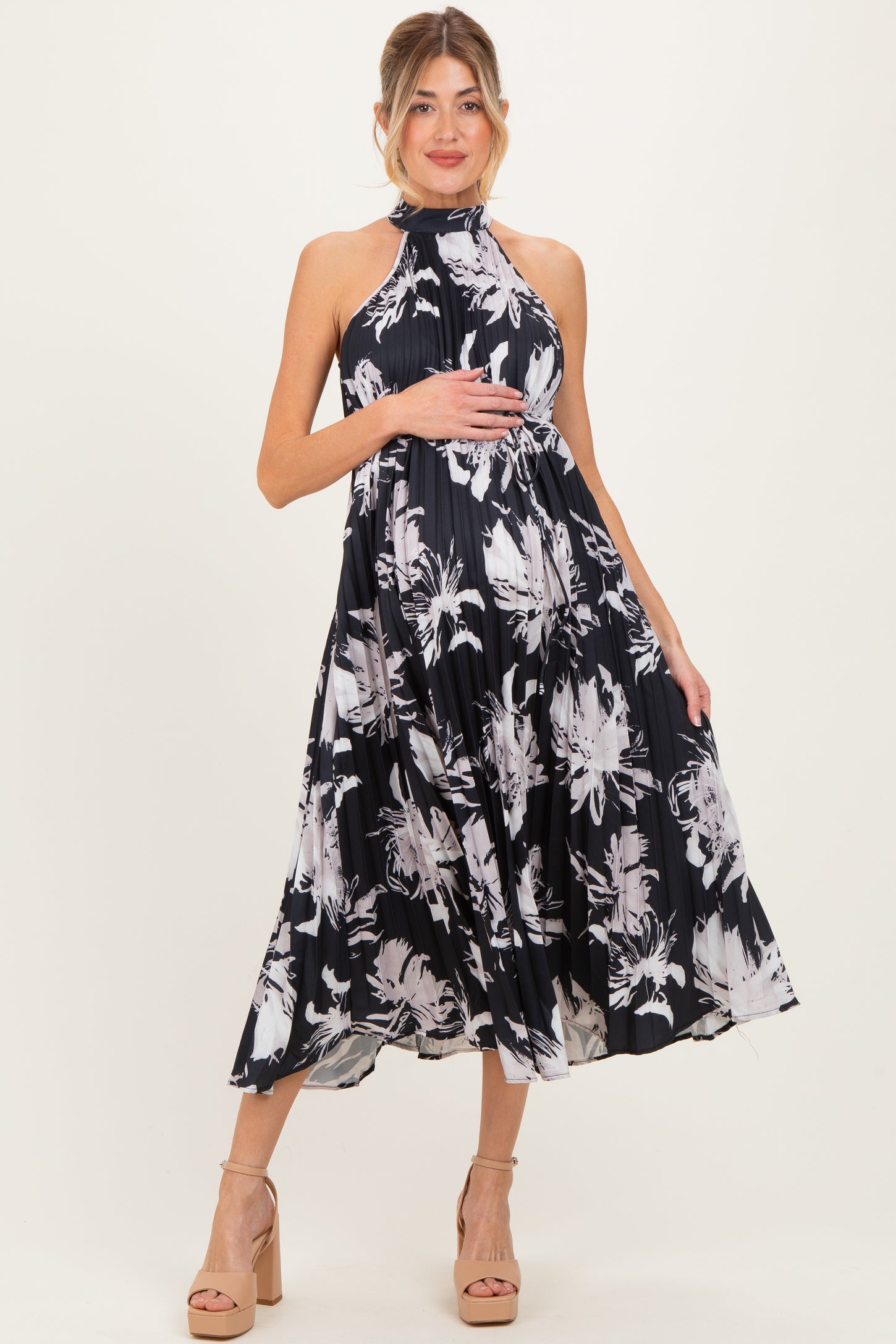 Black Floral Pleated Halter Neck Maternity Midi Dress Black Floral Pleated Halter Neck Maternity Midi Dress