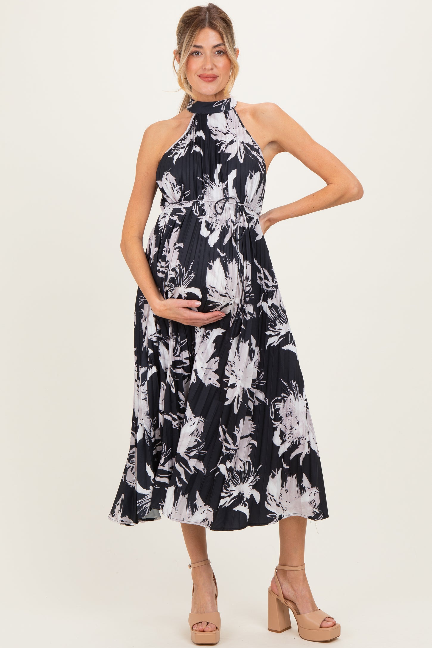 Black Floral Pleated Halter Neck Maternity Midi Dress