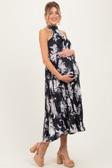 Black Floral Pleated Halter Neck Maternity Midi Dress